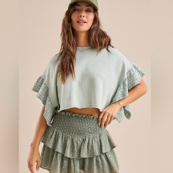 Altar'd State Tops - 1901. ALTAR’D STATE Kaia Crochet Flutter sleeve top in Green Sz XS NWOT $58